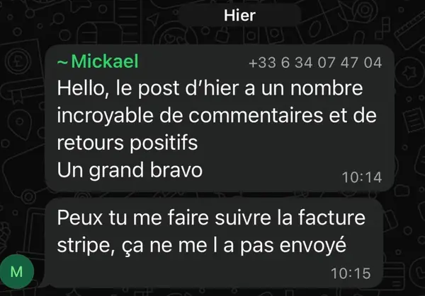 Message WhatsApp d'un client freelance accompagné par HB Compagny